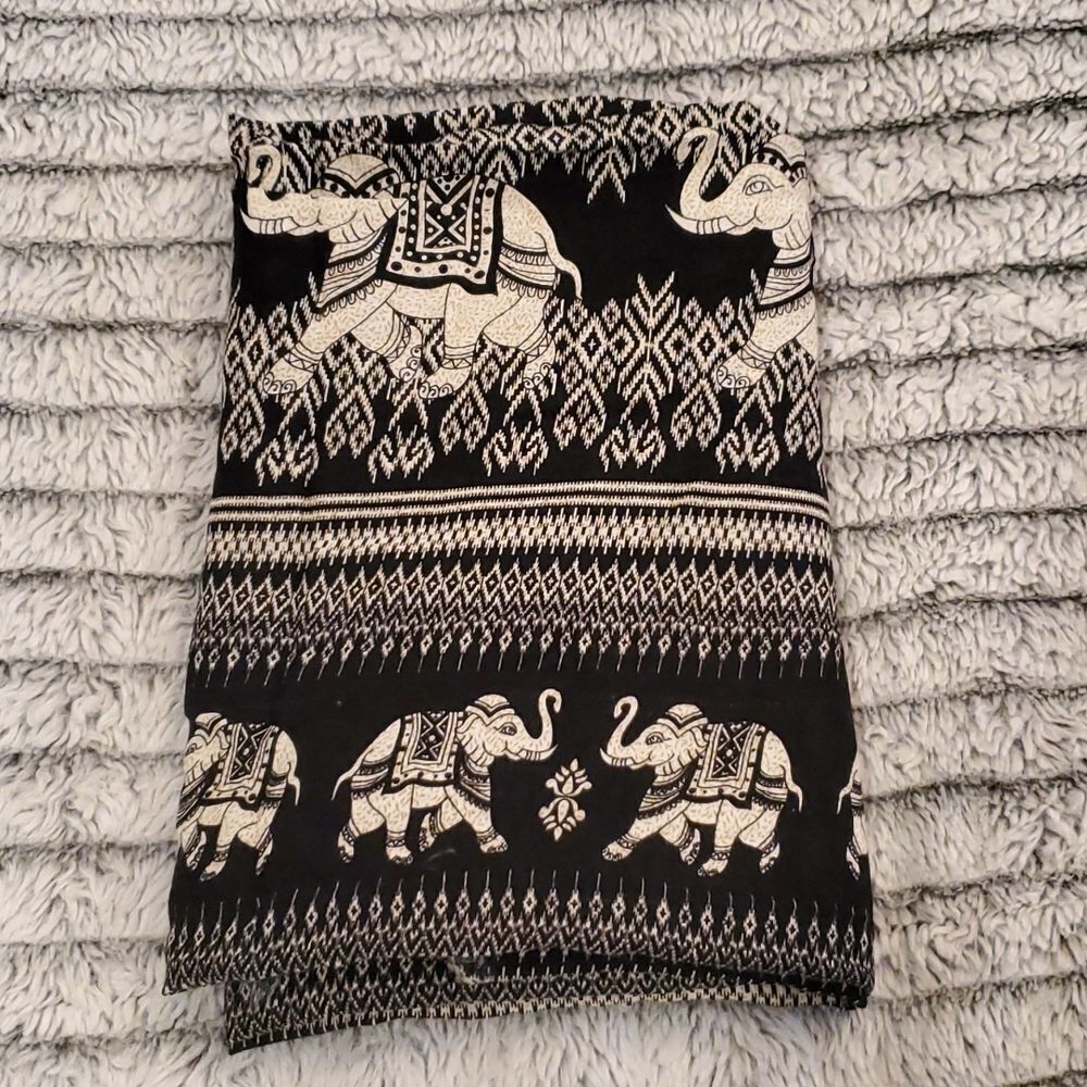 Black and white elephant scarf 42" by 57" with fringe accents - Picture 5 of 5